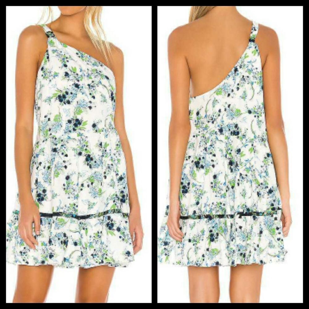 Free People One-Shoulder Floral Mini Dress in White, Blue, Green
